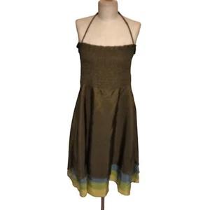 Vestido halter Betsey Johnson noche verde azul amarillo 100 % seda 8 - Imagen 1 de 9