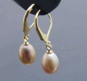 SALE 7-9mm Purple Drop Natural FW Pearl With Gold-color leverback Earring-ear540 - Picture 1 of 4