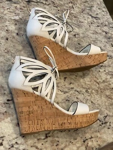 IVANKA TRUMP AUTH Women's White Laser Cut Leather Wedge Sandals Size 8 Donald - Picture 1 of 3