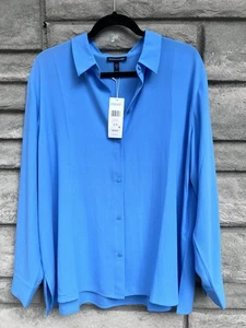 Camicia di seta Eileen Fisher Classic CLR grande $278 Wren cioccolato azzurro testurizzato - Foto 1 di 4