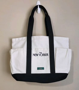 J. Crew x The New Yorker Large Open Top Canvas Tote Bag White & Black - Picture 1 of 10