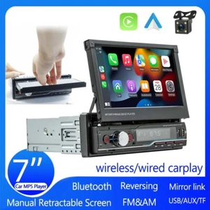 Wireless Carplay Android auto 7" 1 DIN Car Stereo Radio Flip Touch Screen BT+CAM - Picture 1 of 12
