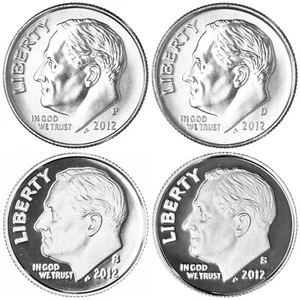 2012 P D S S Roosevelt Dime Year Set Silver & Clad Proof & BU US 4 Coin Lot - Picture 1 of 6