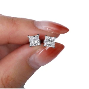 2.40 Ct Princess Cut FL/D Real Moissanite Stud Earrings 14k White Gold 6mm - Picture 1 of 11