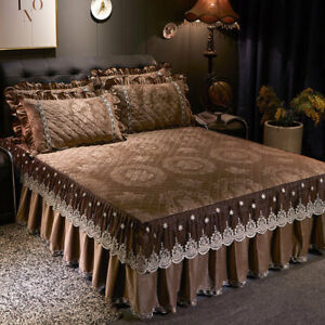 European Lace Velvet Bedspread Ruffle Bedskirt Queen King Quilted Bed Cover 3pcs