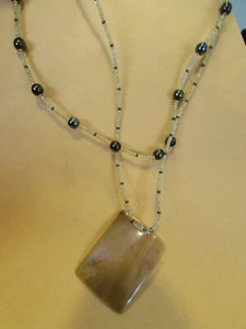 VINTAGE 20" brown & cream colored seed bead necklace with 1 1/2" shell-type fob - Picture 1 of 6