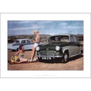 Austin A55 Saloon Art Print – Beach Scene 1950s – 2 sizes Poster - Picture 1 of 4