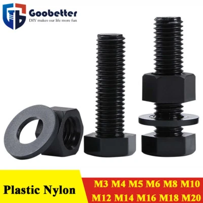 GOO BETTTER Tornillos de cabeza hexagonal de plástico tornillos de máquina de nailon negro + tuercas + juego de arandelas