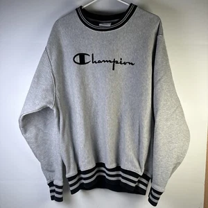 Vintage Champion Reverse Weave Sweatshirt Men’s L Gray Big Logo Striped Cuffs - Picture 1 of 10