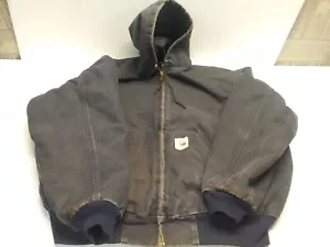 VTG Carhartt JQ283 Jacket Black Hooded Mens XL Distressed Faded Mid 90's Linded - Picture 1 of 24