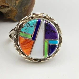 Native American Yazzie Sterling Silver Multi-Stone Round Inlay Ring Size 6.5 - Picture 1 of 10