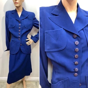 VTG 1940s CERULEAN BLUE *FILM NOIR GABARDINE Skirt SUIT *STUNNER - Picture 1 of 9