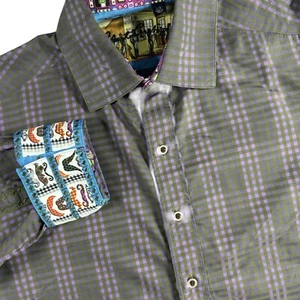 Robert Graham Button Up Shirt Mens Large Mustache Flip Cuffs Purple Gray Check - Picture 1 of 10