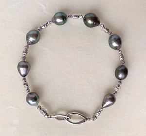 7-9mm Black Green Baroque Tahitian cultured pearl Bracelet sterling sliver,7.6" - Picture 1 of 6