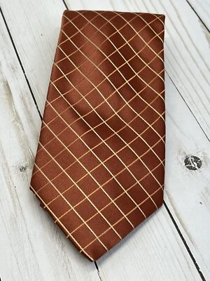 Corbata clásica a cuadros amarilla naranja para hombre 100 % seda hecha a mano CLAIBORNE 4X57 1/2 Foto 1 de 4