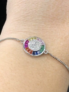 Rainbow Disk Bracelet, Silver Bracelet and White Zircon NWT, Adjustable Closure - Picture 1 of 7