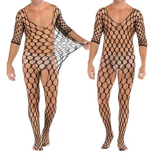 Women Mesh Fishnet 3/4 Sleeve V Neck Bodysuit Romper Overall Club Sexy Jumpsuits - Picture 1 of 9
