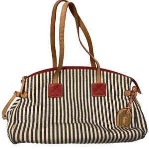 Dooney & Bourke 1975 blau-weiß gestreifte Seersucker Top Handle Umhängetasche Tasche - Bild 1 von 10