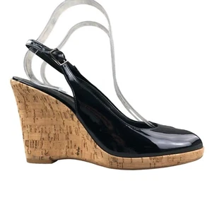 Via Spiga Womens Size 10.5M Black Patent Leather Peep Toe Slingback Wedge Sandal - Picture 1 of 12