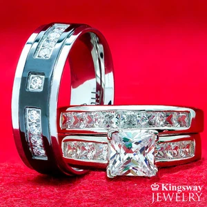 3 PCS HIS AND HERS TITANIUM 925 STERLING SILVER PRINCESS WEDDING BRIDAL RING SET - Picture 1 of 15