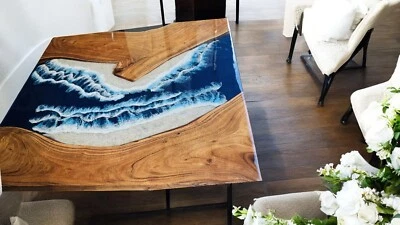 Mesa de centro cuadrada de resina Epxy océano azul 48" mesa de cafetería de madera de acacia Dec Foto 1 de 4