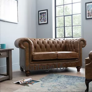 Bespoke Tudor Tan Brown Vintage Leather Chesterfield Two Seater Sofa - Picture 1 of 7