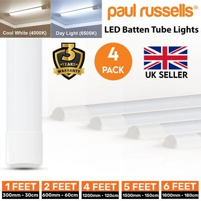 4 Pack LED Batten Tube Light 1FT 2FT 4FT 5FT 6FT Wall Ceiling Office Garage Lamp - Image 1 of 4