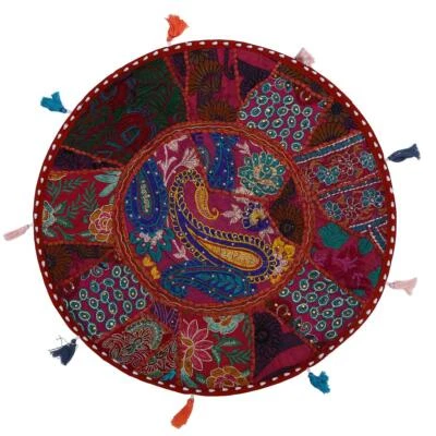 22" Pillow/Seat Cover Throw/Bean Bag Large With Bohemian Patchwork Burgundy - Image 1 of 4