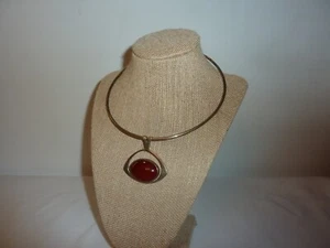 Vintage Sterlingsilber Halsband Halskette mit Statement roter Bernstein Anhänger 16" Halsband - Bild 1 von 7