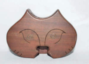 Vintage MCM El Sueno Carved Wood Cat Puzzle Trinket Box - Picture 1 of 5