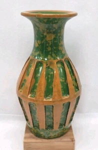 "Florero de cerámica italiano estilo Bitossi de mediados de siglo hecho a mano verde y amarillo, Italia 7""" - Imagen 1 de 14