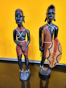African Maasai Tribal Couple, Hand Carved Wood & Hand Painted Sculptures 12" - Picture 1 of 8