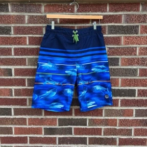 ZeroXposur Navy Blue Shark Print Striped Boy’s Swimming Trunks - Picture 1 of 4