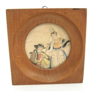 Antique Wood Wall Plaque Bretons France 5" Square Round Inset Picture Man Woman - Picture 1 of 5