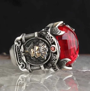 Turkish Handmade Jewelry 925 Sterling Silver Lion Men's Ring with Ruby Stone 016 - Picture 1 of 5