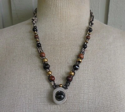 Gargantilha colar ajustável ônix chifre de veado cânhamo joia com contas de pedra natural - Imagem 1 de 4