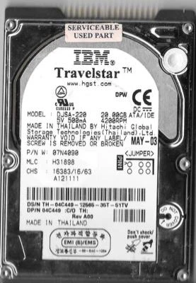 IBM TRAVELSTAR DJSA-220 20GB IDE HARD DRIVE  P/N: 07N4090  MLC: H31898 - Image 1 of 2