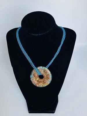 Sterling Silver Multi Strands Blue Seed Beads Glass Art Disk Pendant Necklace - Image 1 of 4