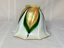 DECORATED PULLED FEATHER ART GLASS LIGHTING SHADE SIGNED LCT, RIBBED BELL, NICE~