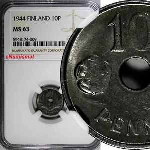 Finland Iron 1944 10 Penniä NGC MS63 WWII Issue KM# 34.1 (009) - Picture 1 of 4