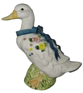 12" Artistic California Ceramic Duck Figurine With a Blue Ribbon Floral Accents - Picture 1 of 8