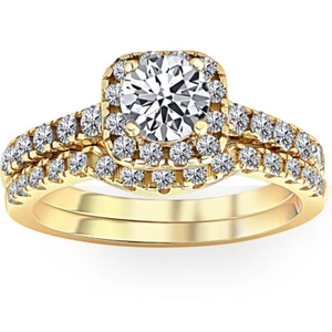 1 1/2 Ct Diamond Cushion Halo Engagement Wedding Ring Set 10k Yellow Gold - Picture 1 of 50
