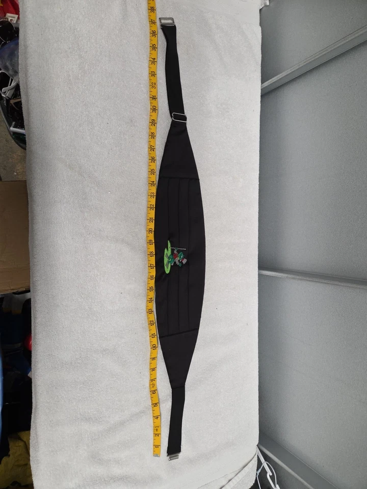 WALLACHS  BLACK CUMMERBUND to fit 28" to 48"-Silk Satin-Pleated Embroidered Frog - Image 1 of 4