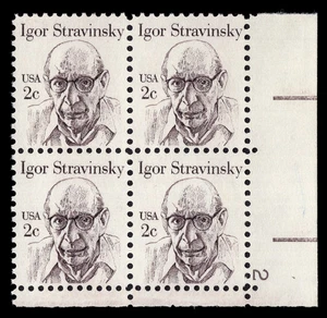 US Scott # 1845, Igor Stravinsky, Plate Block of (4) 1982 2¢ Stamps, MNH - Picture 1 of 1