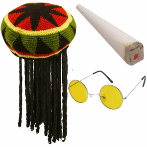 Jamaican Rasta Hat Fake Spliff Round Glasses Unisex Caribbean Fancy Dress Set - Picture 1 of 3