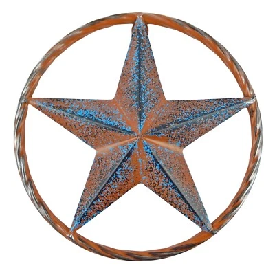 Turquoise Barn Star Rust Silver Tin Metal Rope Ring Texas Wall Decor 8 inch - Image 1 of 3