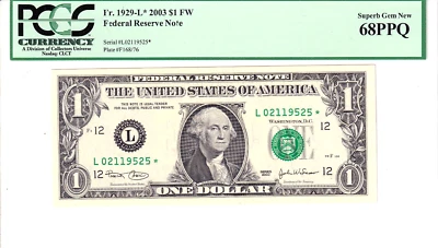 2003 $1 FRN San Francisco **STAR** PCGS Superb Gem New 68PPQ #L02119525* - Image 1 of 2