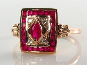LUSH 9CT ROSE GOLD ART DECO INS INDIAN RUBY & DIAMOND RING