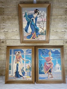 Vintage gerahmte Malen nach Zahlen japanische hinduistische siamesische Frauen Tänzer PBN 3er Set - Bild 1 von 11