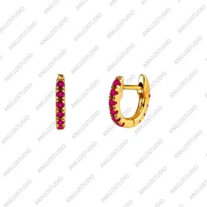 Natural Ruby Minimal Huggie Hoop Earrings In 14k Yellow Gold, Handmade Fine Hoop - Picture 1 of 8